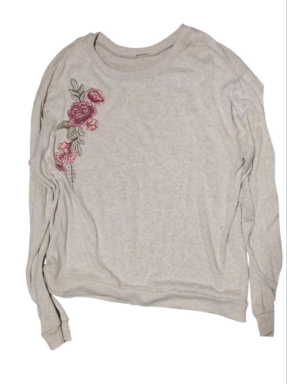 Poof! Cream Scoop Neck Sweater with Pink Floral Embroidery